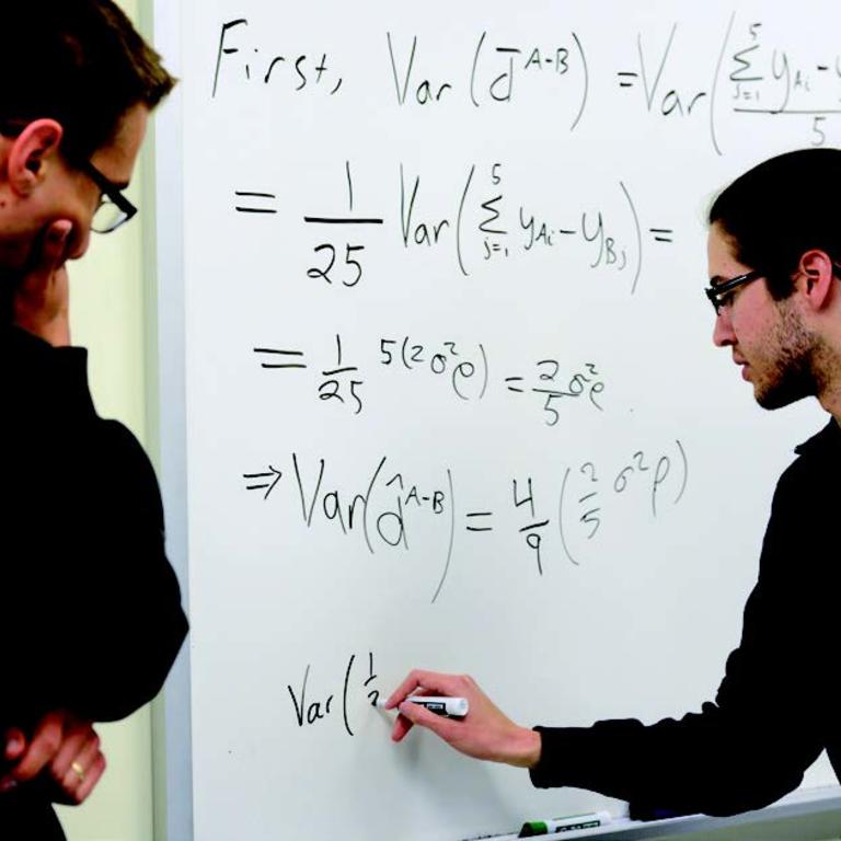 Two statistics scholars working on a problem at a whiteboard